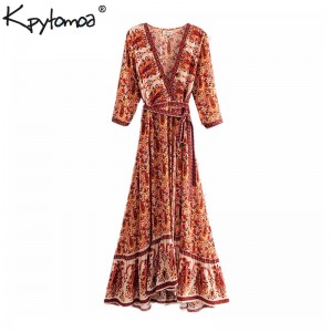 Floral Print Pleated Sashes Wrap Long Dress Women V Neck Red Purple
